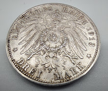 Laden Sie das Bild in den Galerie-Viewer, 3 Kaiserreichsmark Deutschland  Otto v. Bayern 1913D Silber
