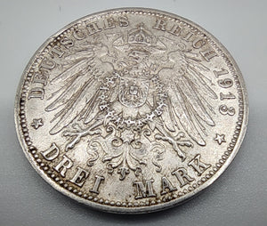 3 Kaiserreichsmark Deutschland  Otto v. Bayern 1913D Silber